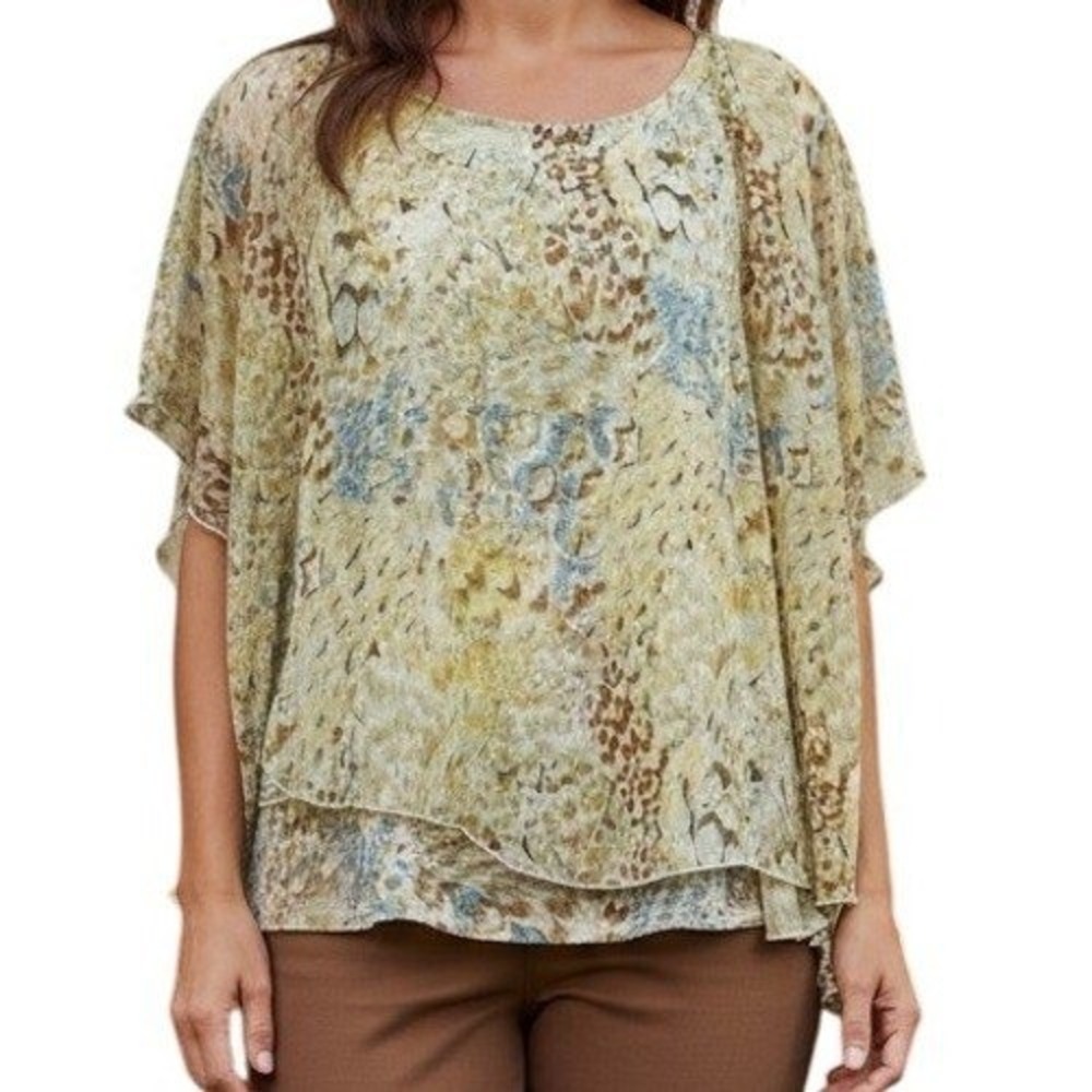 ANTHROPOLOGIE TINY Silk Feather Print Chiffon‎ Layered Poncho Top NWT $88 XS